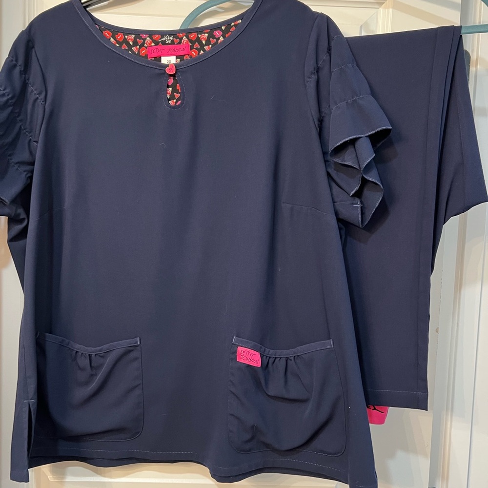 Betsey Johnson Navy scrub Top with Pink Heart Button with matching scrub pants